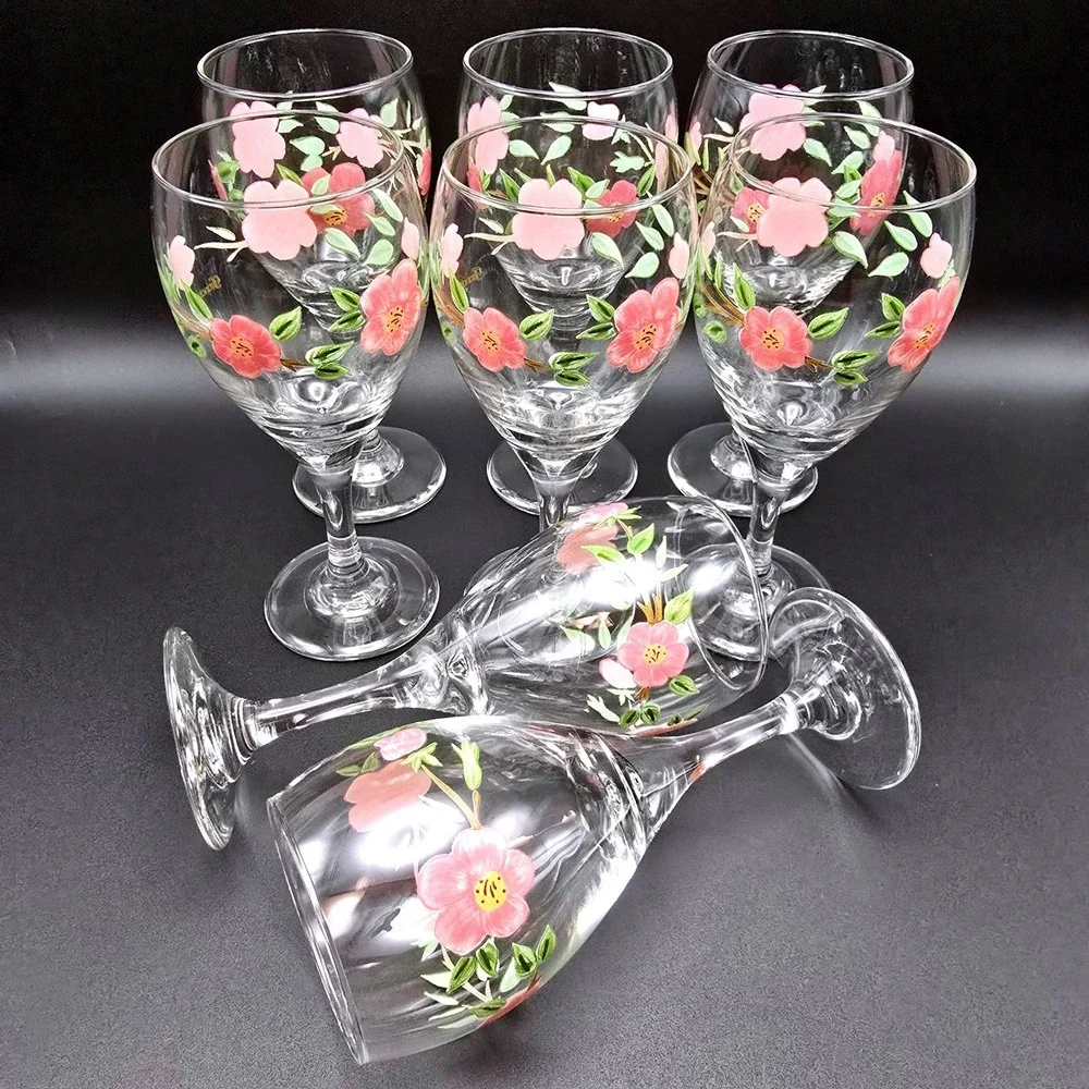 Franciscan Desert Rose Wine Goblets Set of 8 Pink Floral Stemmed Water Glasses